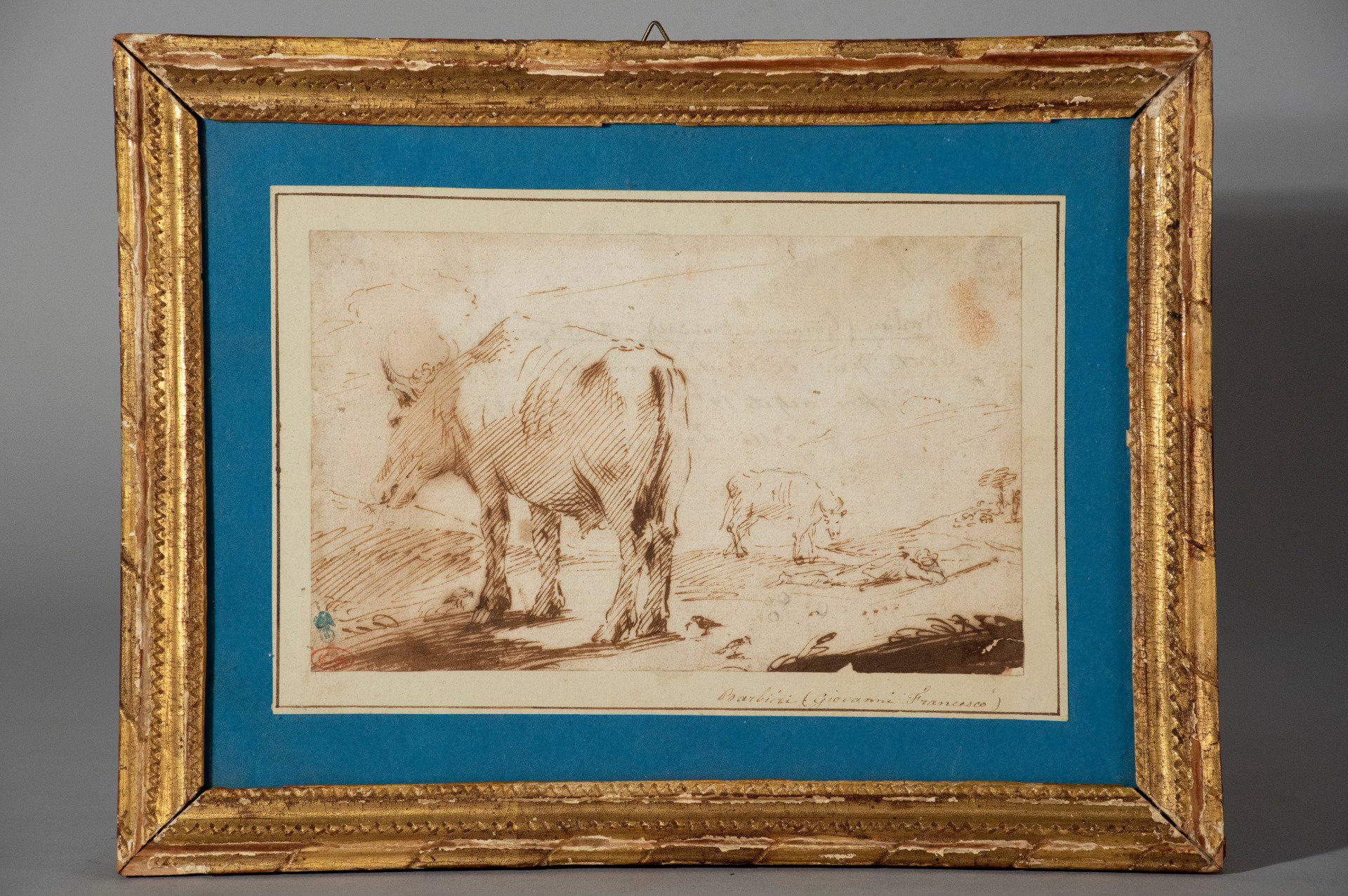 Atribuido a Giovanni Francesco Barbieri, conocido como Guercino, Pastor con sus vacas, dibujo a sanguina